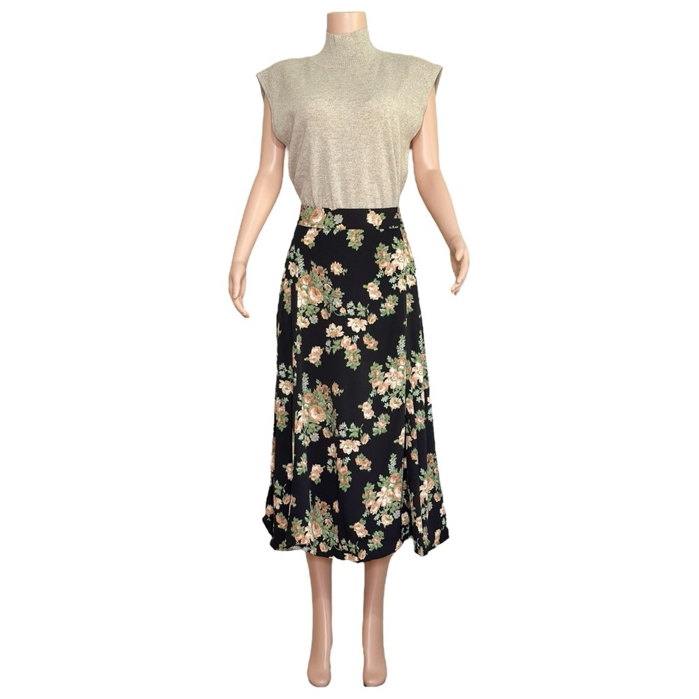 Sézane Black Peach Rose Floral A-Line Midi Skirt Size 10 | Made in Portugal | - Picture 5 of 9
